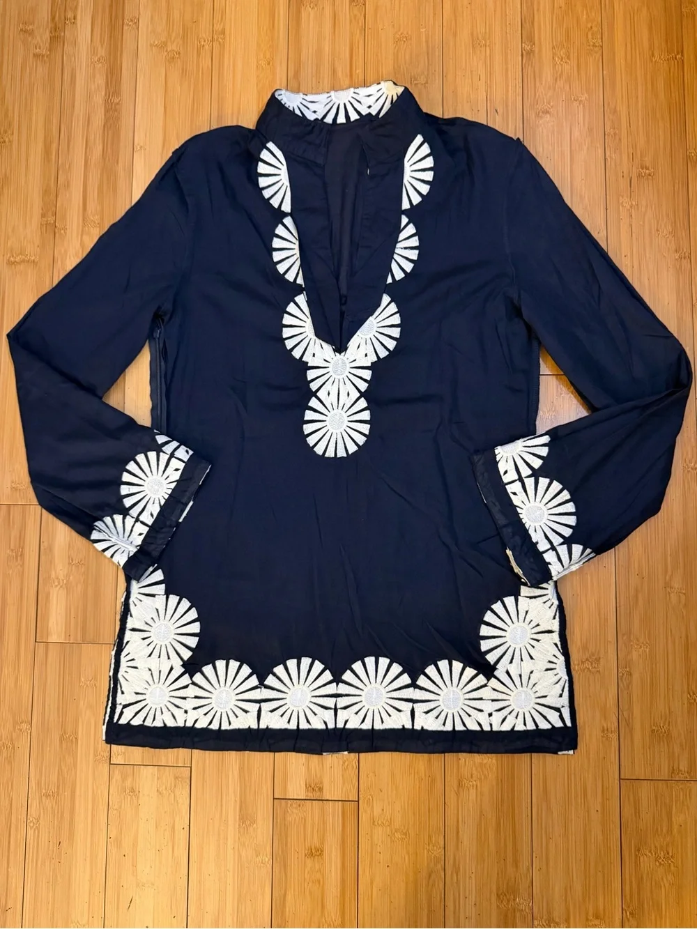 Tory Burch Navy Tunic Top Embroidered Trim Size 12
